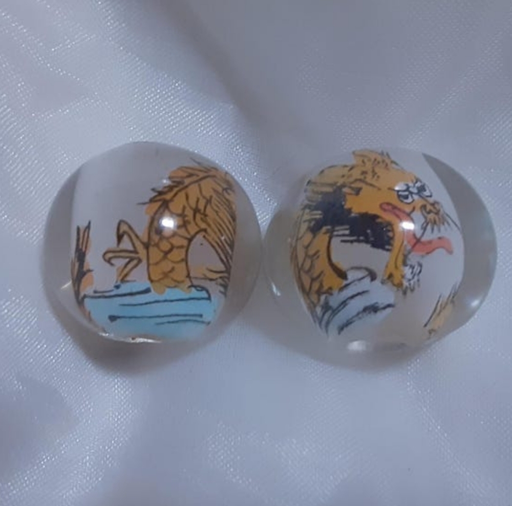 2 Rare Chinese inside reverse hand painted glass beads, Dragon in Cloud